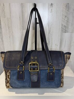Coach Vintage Special Edition Signature Flap Bag Tan With Navy Leather & Suede